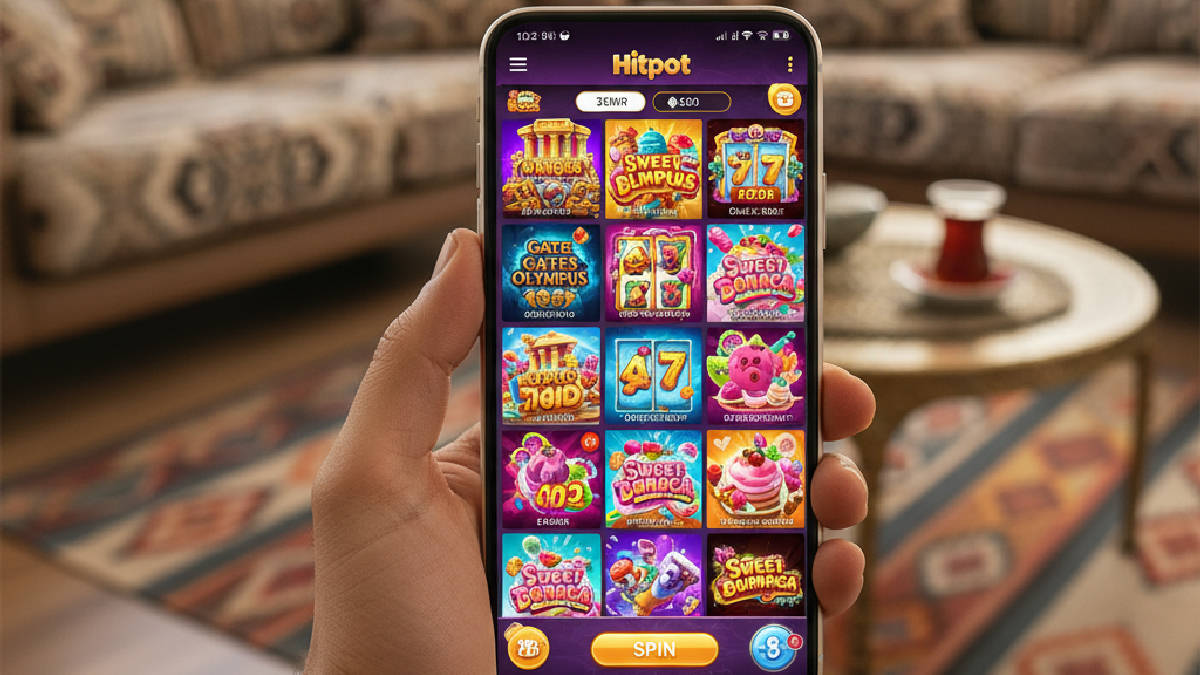 Hitpot mobil uygulamasından popüler slot oyunlarına erişim sağlayan bir kullanıcının arayüz görünümü.